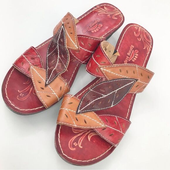 Spring Step AZALEA Red Brown Laser Cut Leaf Whimsical Wedge Heel Open Toe Sandal - Picture 3 of 15